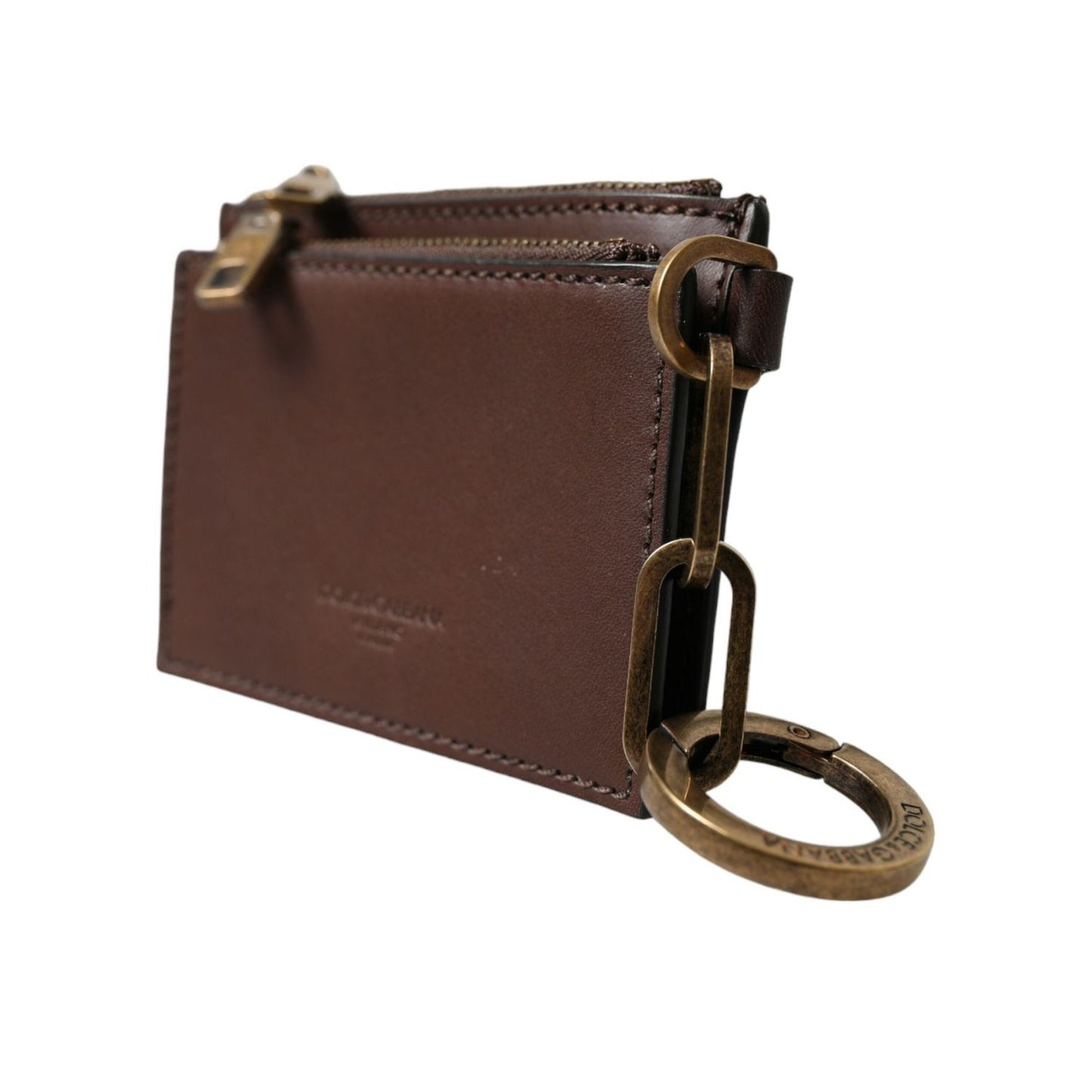 Dolce & Gabbana Brown Leather Zip Logo Keyring Coin Purse Keyring Wallet SMY101293