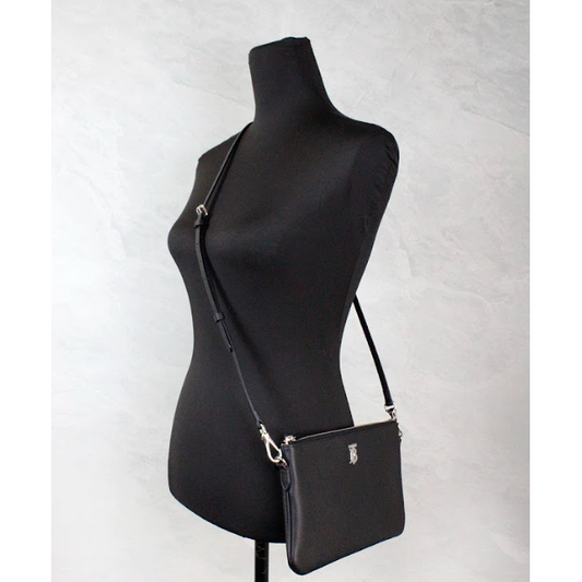 Burberry Peyton Monogram Black Leather Pouch Crossbody Bag Purse 57359