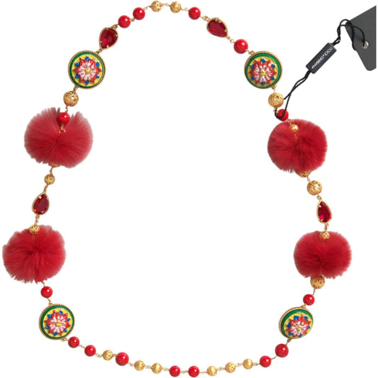 Dolce & Gabbana Gold Brass Red Fur Crystal Carretto Chain Necklace SMY101365