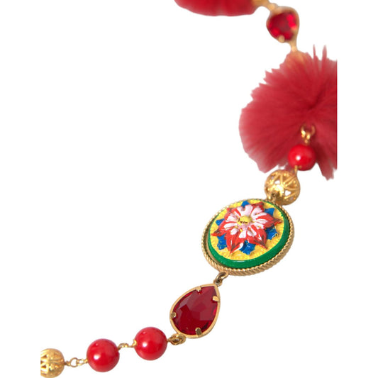 Dolce & Gabbana Gold Brass Red Fur Crystal Carretto Chain Necklace SMY101365