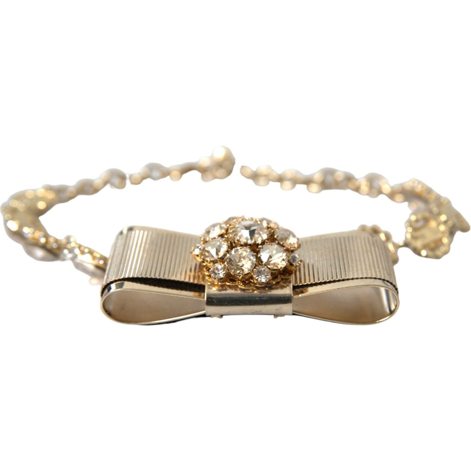 Dolce & Gabbana Gold Brass Clear Crystal Bow Chain Choker Necklace