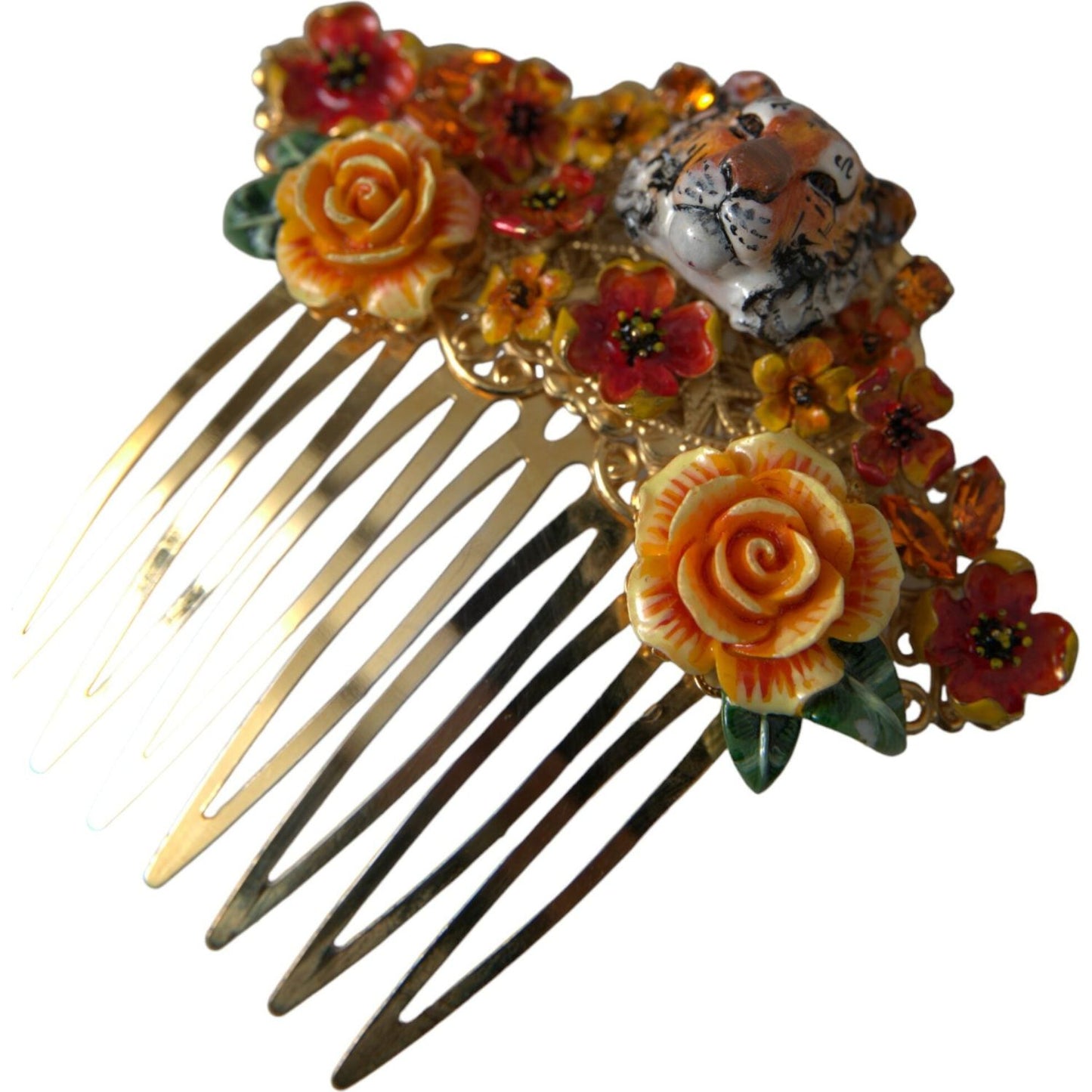 Dolce & Gabbana Gold Brass Crystal Leopard Floral Hair Comb SMY101380