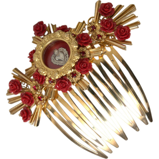 Dolce & Gabbana Gold Brass Crystal Heart Floral Hair Comb SMY101431