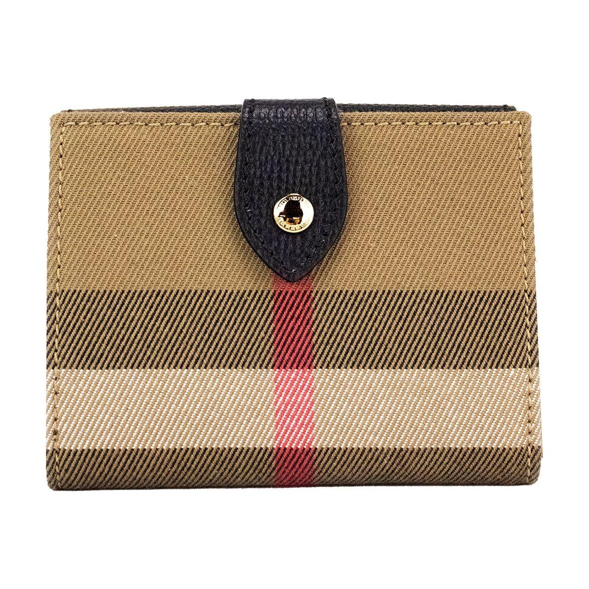 Burberry Luna Black Grained Leather House Check Canvas Coin Pouch Snap Wallet 55333