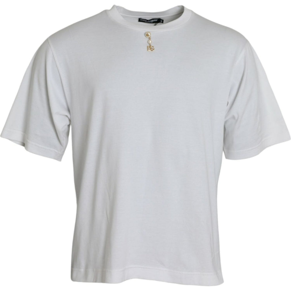 Dolce & Gabbana White Embellished Cotton Crew Neck T-shirt TSH84619-54