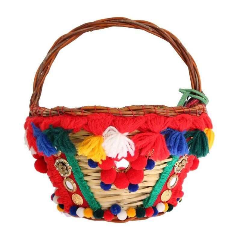 Dolce & Gabbana Multicolor AGNESE Straw Crystal Pom Pom Bag VAS1260