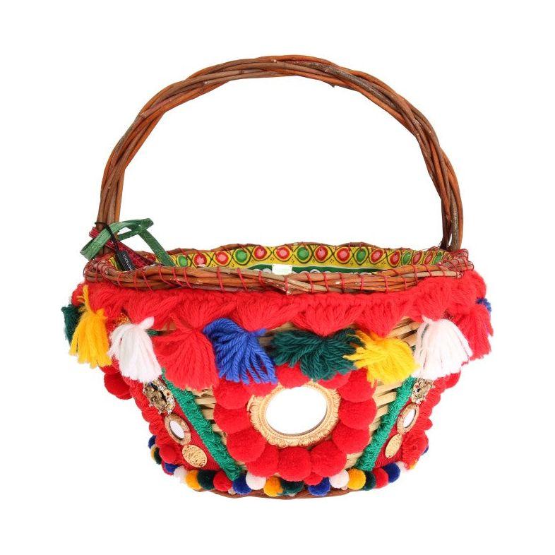 Dolce & Gabbana Multicolor AGNESE Straw Crystal Pom Pom Bag VAS1260