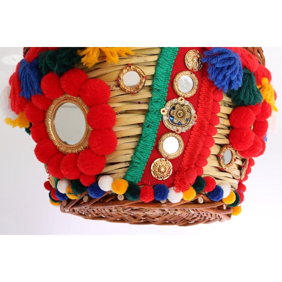 Dolce & Gabbana Multicolor AGNESE Straw Crystal Pom Pom Bag VAS1260