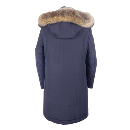 Made in Italy Blue Wool Men's Raincoat with fur hood, showcasing Italian craftsmanship and luxury Loro Piana fabric.