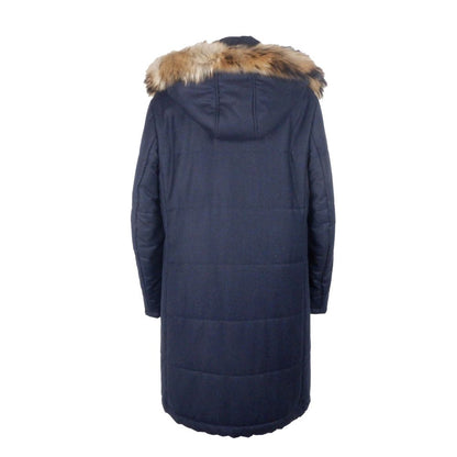 Made in Italy Blue Wool Men's Raincoat with fur-lined hood, showcasing luxury and style for modern men's fashion.