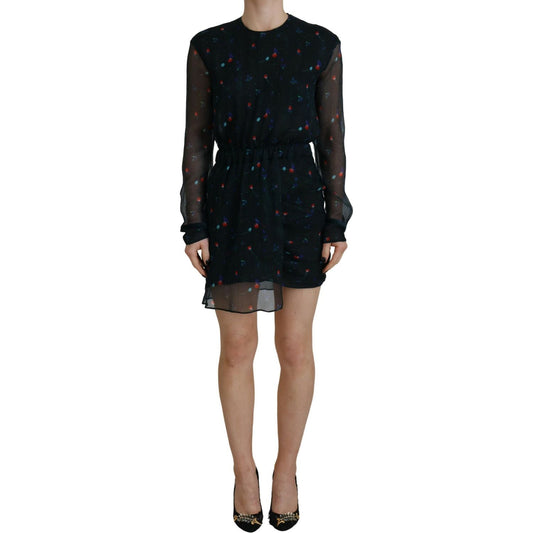 Dsquared² Black Floral Silk Long Sleeves Sheath Mini Dress DR28825-38
