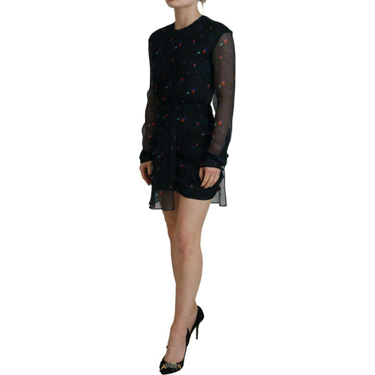 Dsquared² Black Floral Silk Long Sleeves Sheath Mini Dress DR28825-38