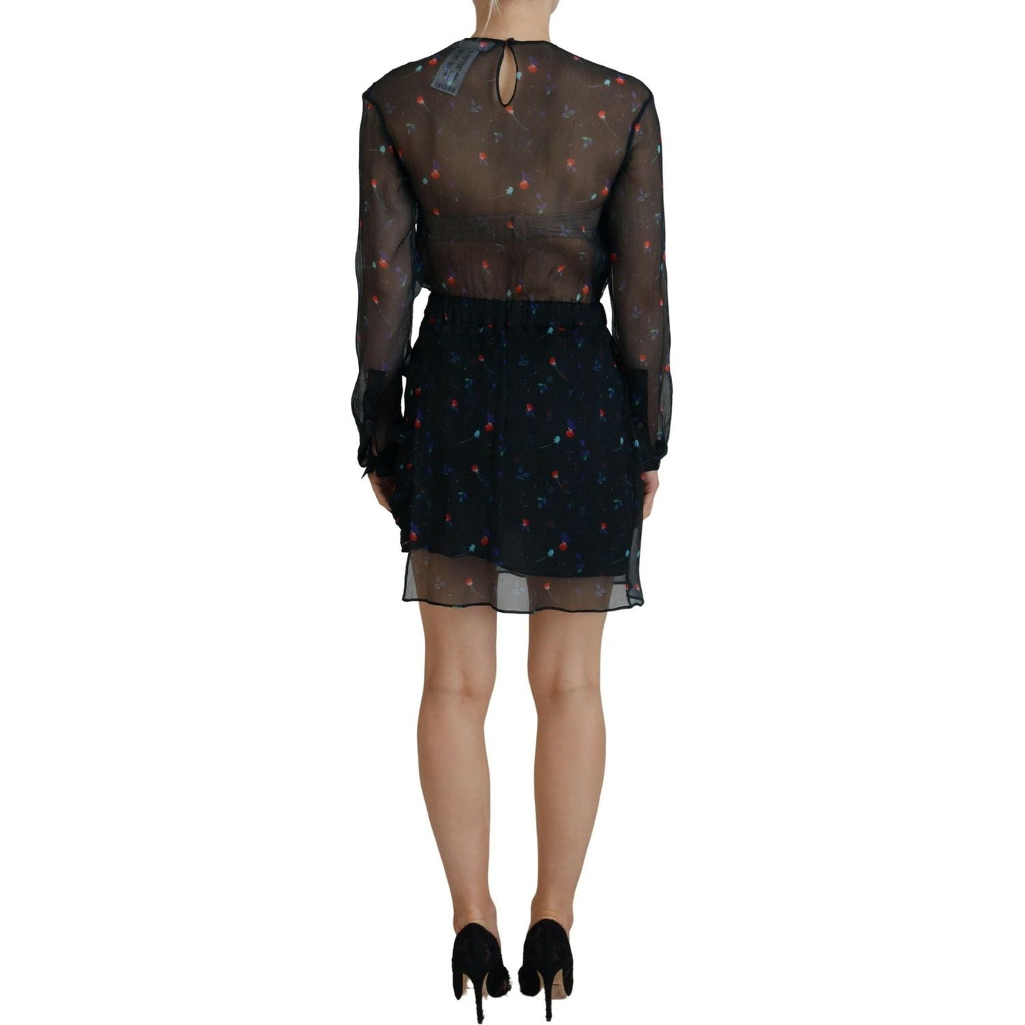 Dsquared² Black Floral Silk Long Sleeves Sheath Mini Dress DR28825-38