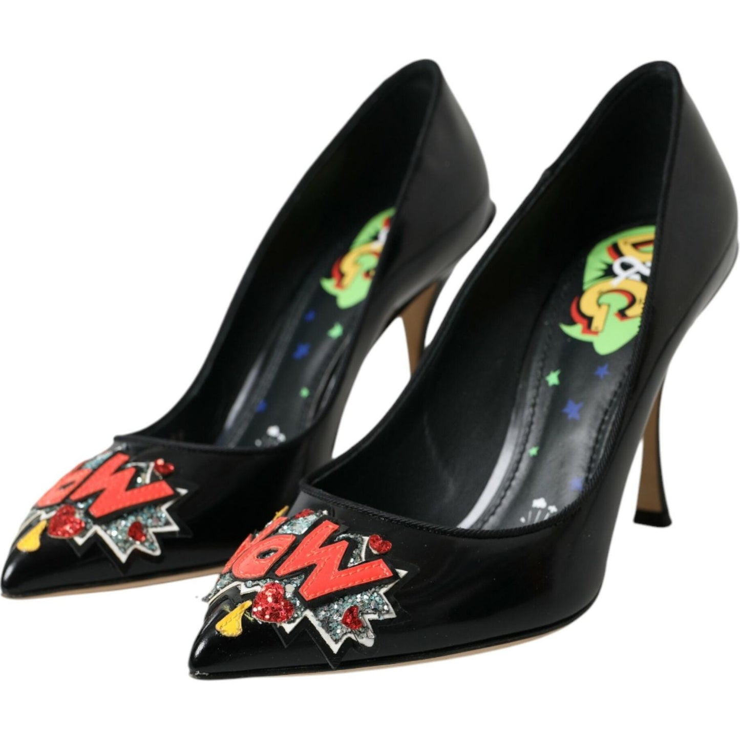 Dolce & Gabbana Black Leather WOW Patch Heels Pumps Shoes LA10860-39