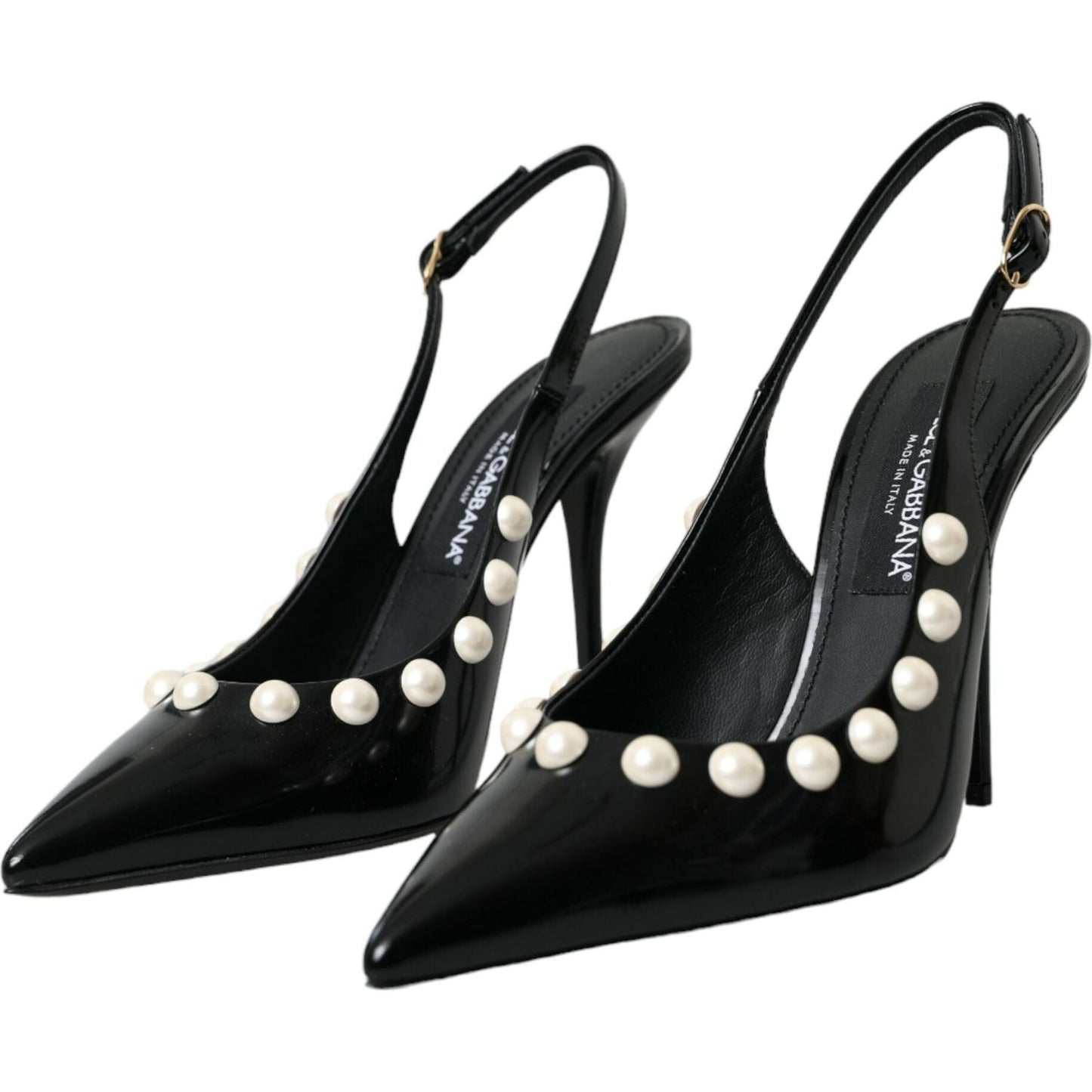 Dolce & Gabbana Black Leather Faux Pearl Heel Slingback Shoes LA10617-40