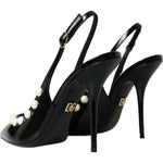 Dolce & Gabbana Black Leather Faux Pearl Heel Slingback Shoes LA10617-40