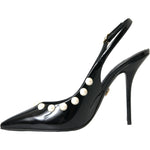 Dolce & Gabbana Black Leather Faux Pearl Heel Slingback Shoes LA10617-40