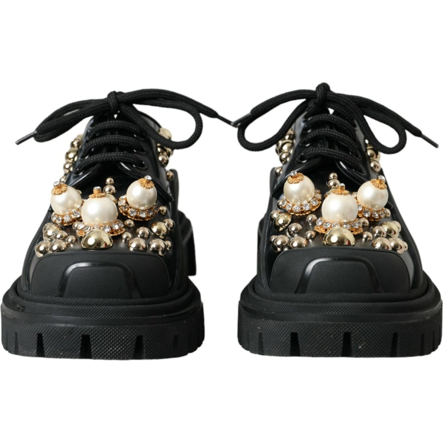 Dolce & Gabbana Black Leather Trekking Derby Embellished Shoes LA10843-35.5