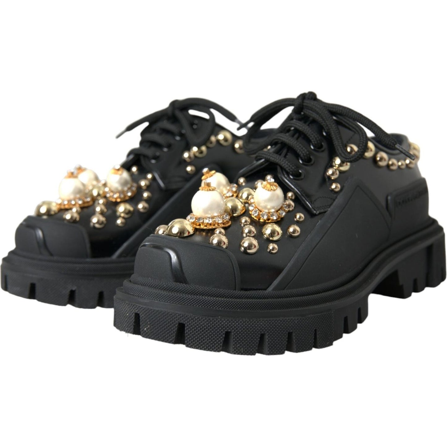 Dolce & Gabbana Black Leather Trekking Derby Embellished Shoes LA10843-35.5