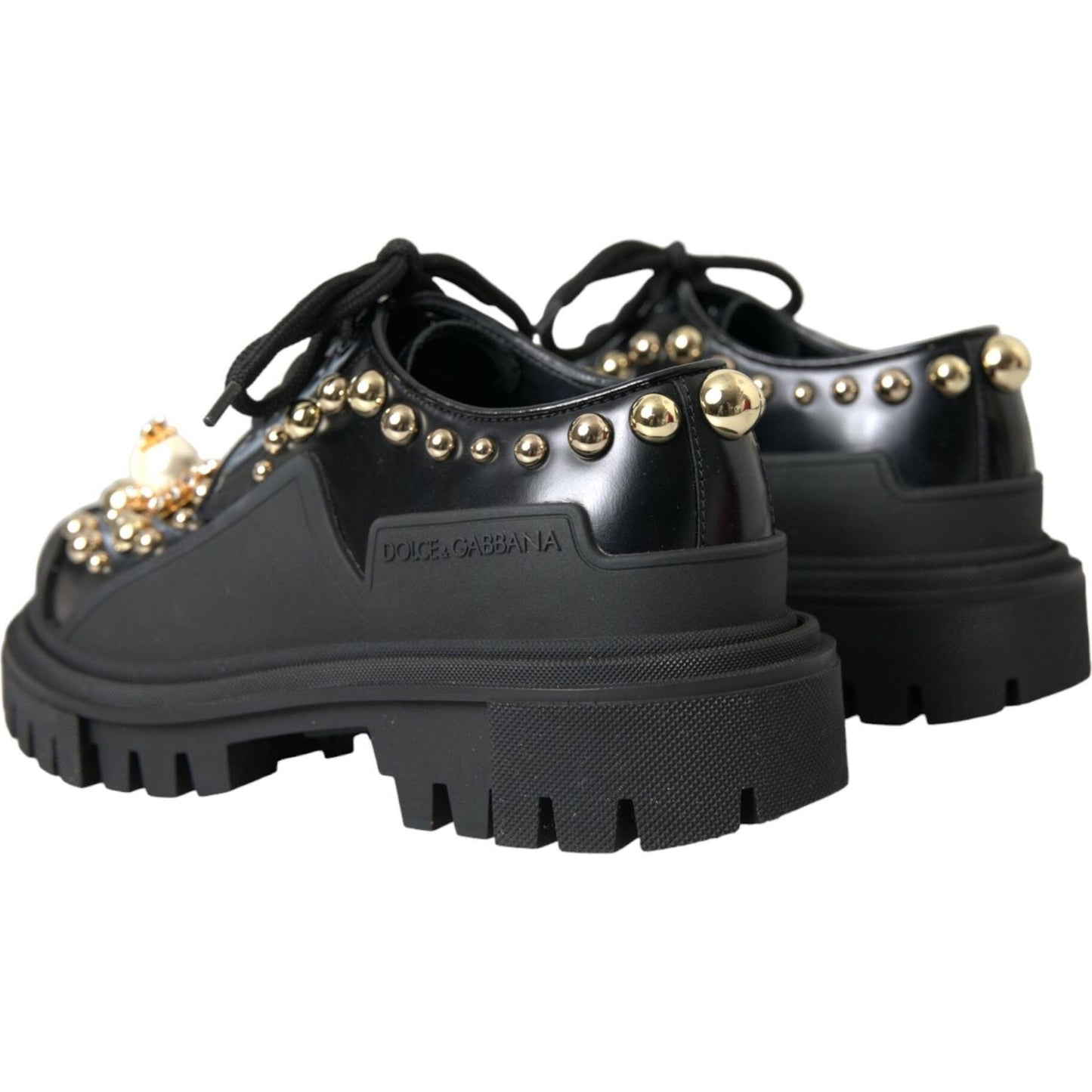 Dolce & Gabbana Black Leather Trekking Derby Embellished Shoes LA10843-35.5