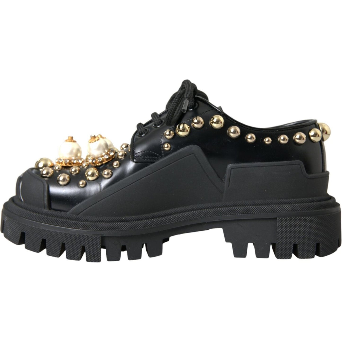 Dolce & Gabbana Black Leather Trekking Derby Embellished Shoes LA10843-35.5