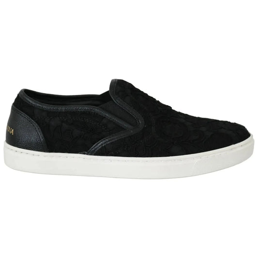 Dolce & Gabbana Black Lace Leather Logo Flat Slip-On Sneakers LA5878