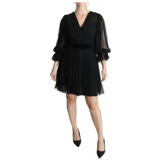 Dolce & Gabbana Black Mesh Pleated Mini Silk Blend Dress DR2644-42