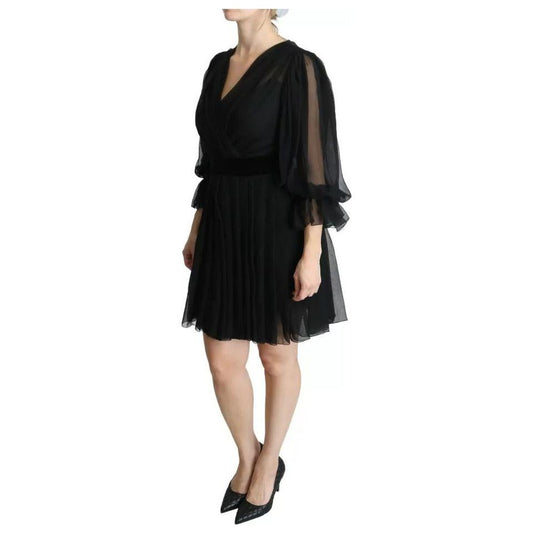 Dolce & Gabbana Black Mesh Pleated Mini Silk Blend Dress DR2644-42