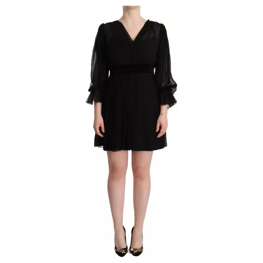 Dolce & Gabbana Black V-neck Long Sleeves Mini A-line Dress DR28646