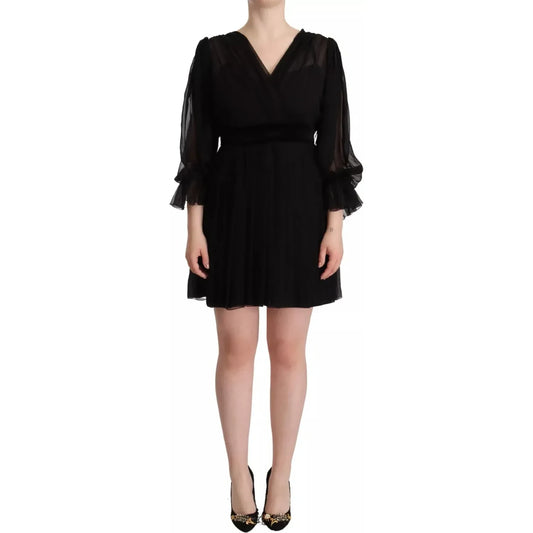 Dolce & Gabbana Black V-neck Long Sleeves Mini A-line Dress DR28646