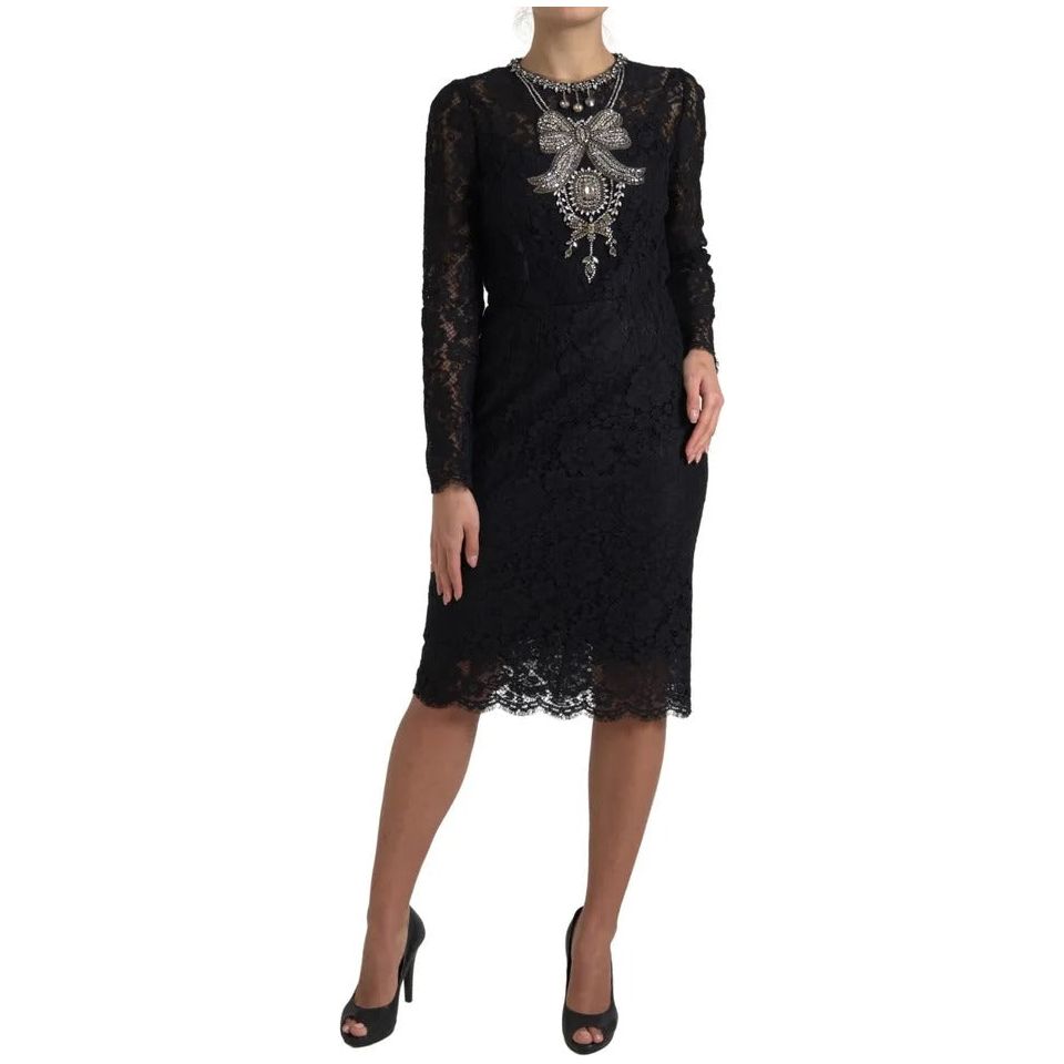 Dolce & Gabbana Black Nylon Lace Embellished Sheath Dress DR28758-44