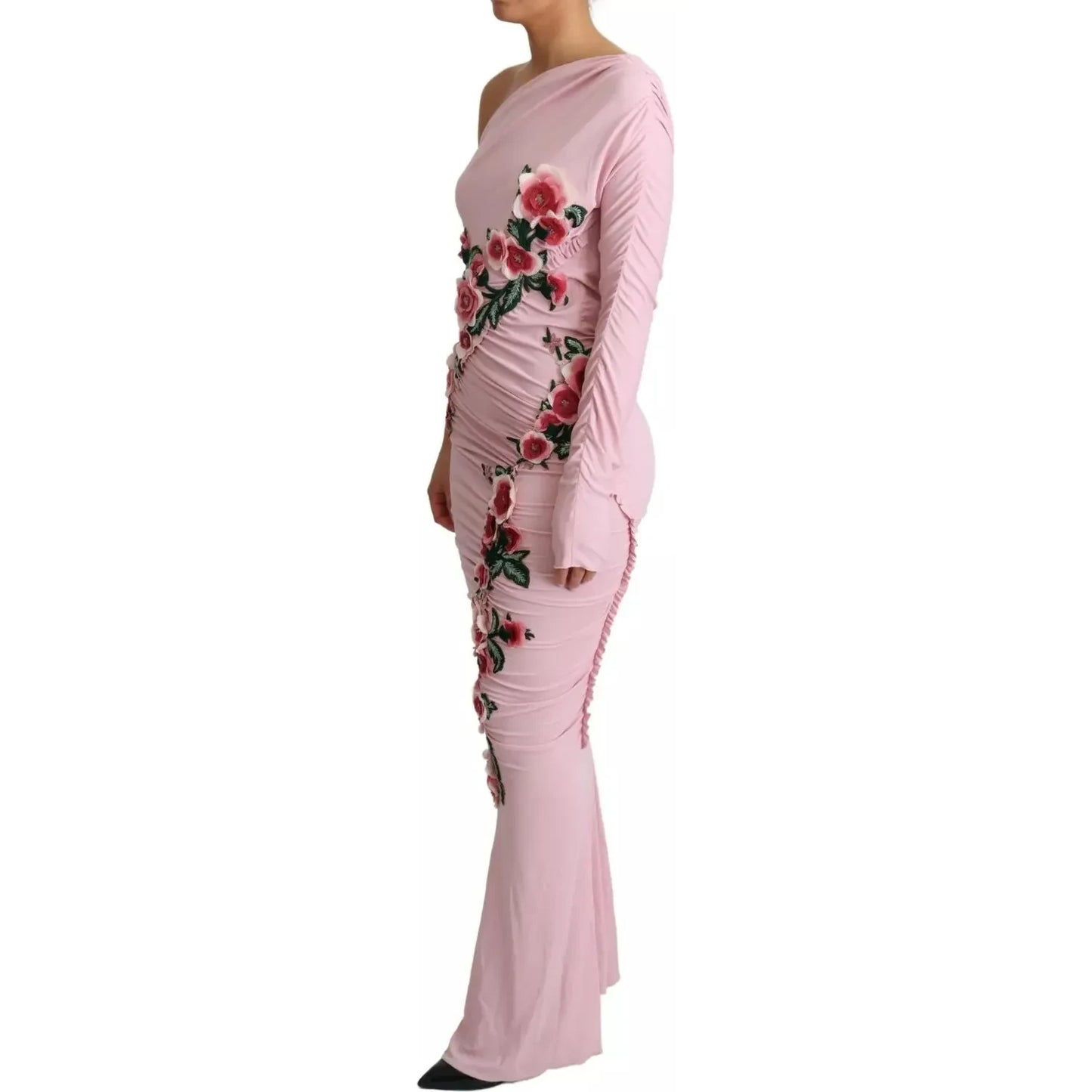 Dolce & Gabbana Pink Flower Embellished One Shoulder Dress DR28039