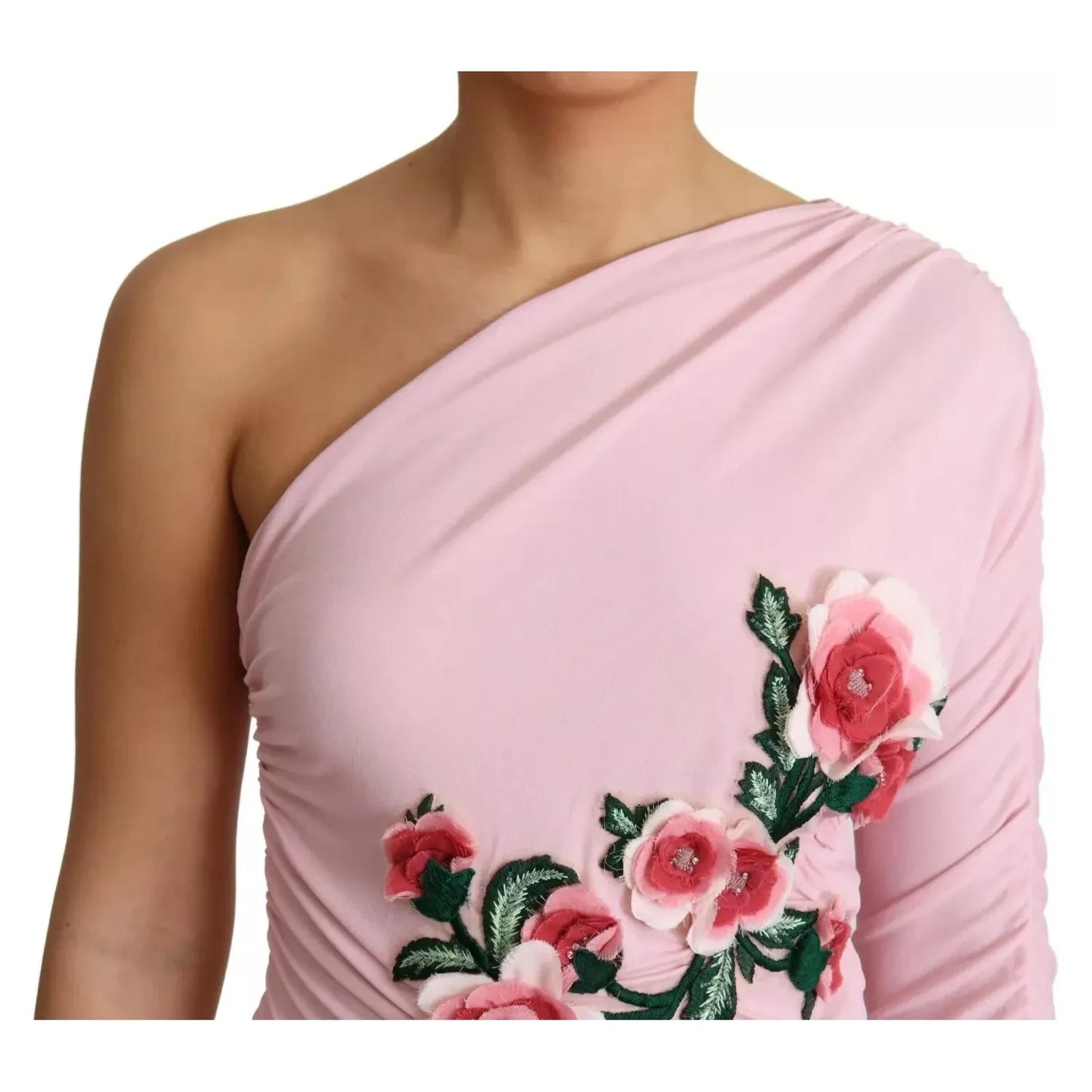 Dolce & Gabbana Pink Flower Embellished One Shoulder Dress DR28039