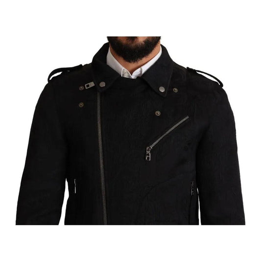 Dolce & Gabbana Black Brocade Full Zip Biker Coat Jacket JKT2906-48