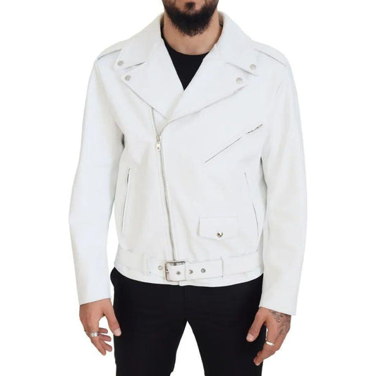 Dolce & Gabbana White Leather Biker Coat Zipper Jacket JKT3430-46
