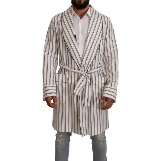 Dolce & Gabbana White Striped Cotton Robe Coat Wrap Jacket JKT3076-48