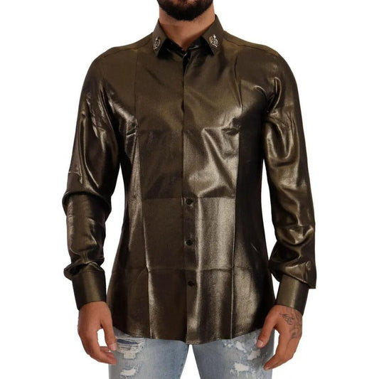 Dolce & Gabbana Metallic Gold DG Embroidered Crown Silk Top Shirt TSH7139-41