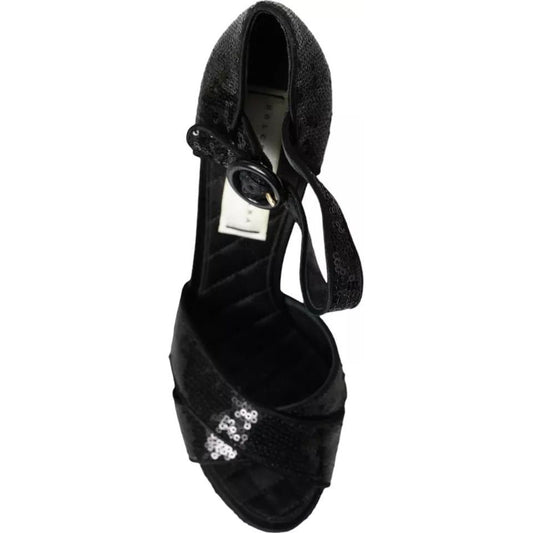 Dolce & Gabbana Black Sequin Ankle Strap Heels Sandals Shoes LA10916-38