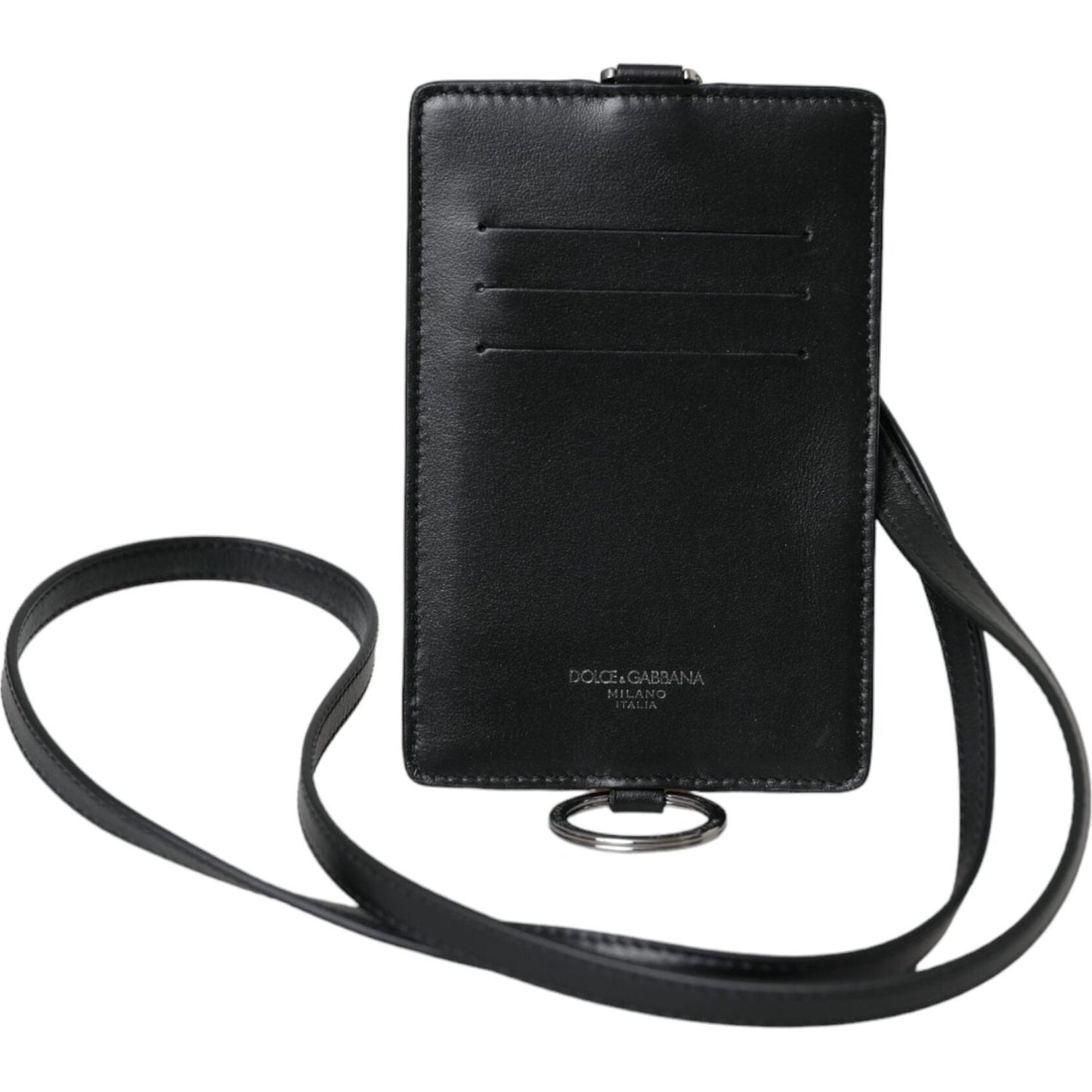Dolce & Gabbana Black Calf Leather Lanyard Logo Card Holder Men Wallet BAG1451