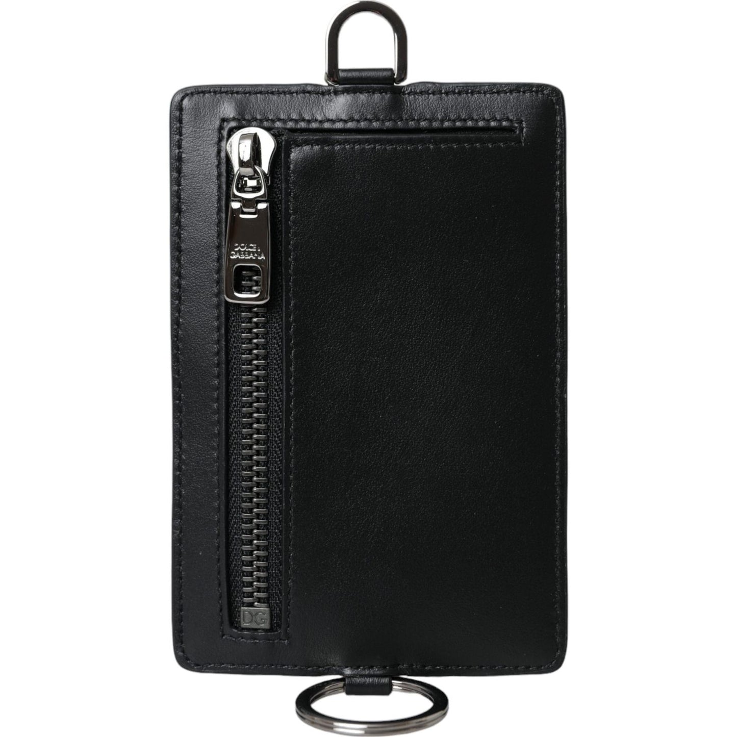 Dolce & Gabbana Black Calf Leather Lanyard Logo Card Holder Men Wallet BAG1451