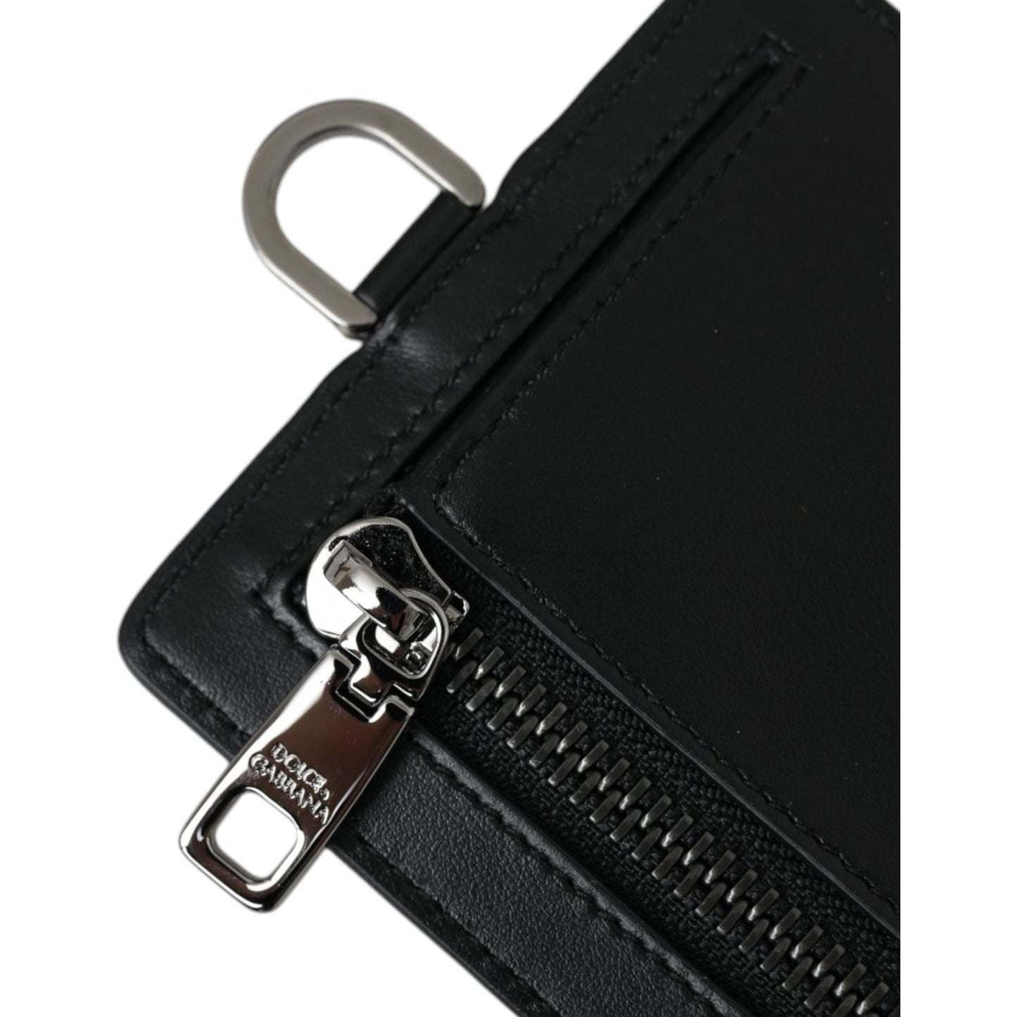 Dolce & Gabbana Black Calf Leather Lanyard Logo Card Holder Men Wallet BAG1451