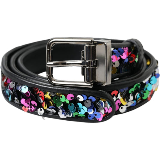 Dolce & Gabbana Black Sequined Silver Metal Buckle Women Belt BEL9191-90
