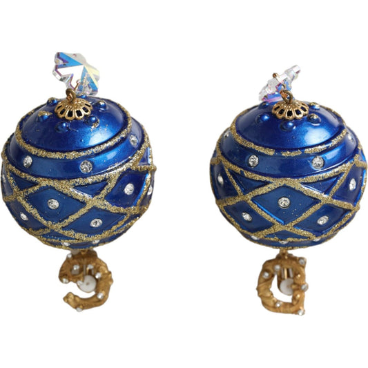 Dolce & Gabbana Gold Brass Blue Dangle Christmas Ball Crystal Clip On Earrings SMY10161