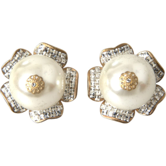 Dolce & Gabbana Gold Tone Maxi Faux Pearl Floral Clip-on Jewelry Earrings SMY10169