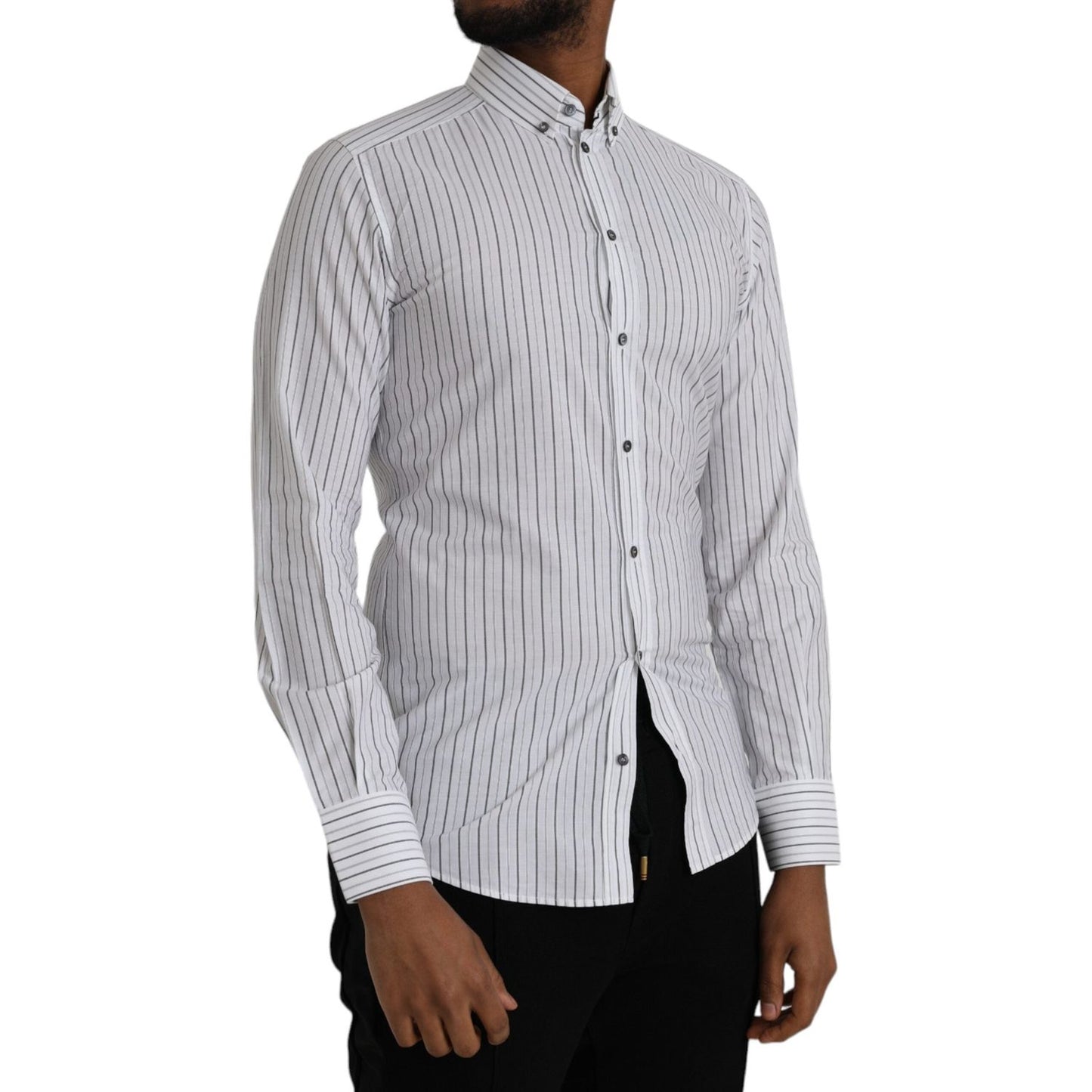 Dolce & Gabbana Black White Striped Formal Dress GOLD Shirt TSH86320-38