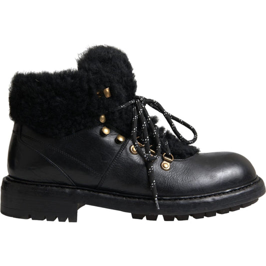 Dolce & Gabbana Black Leather Bernini Shearling Boots Shoes MV5746-44