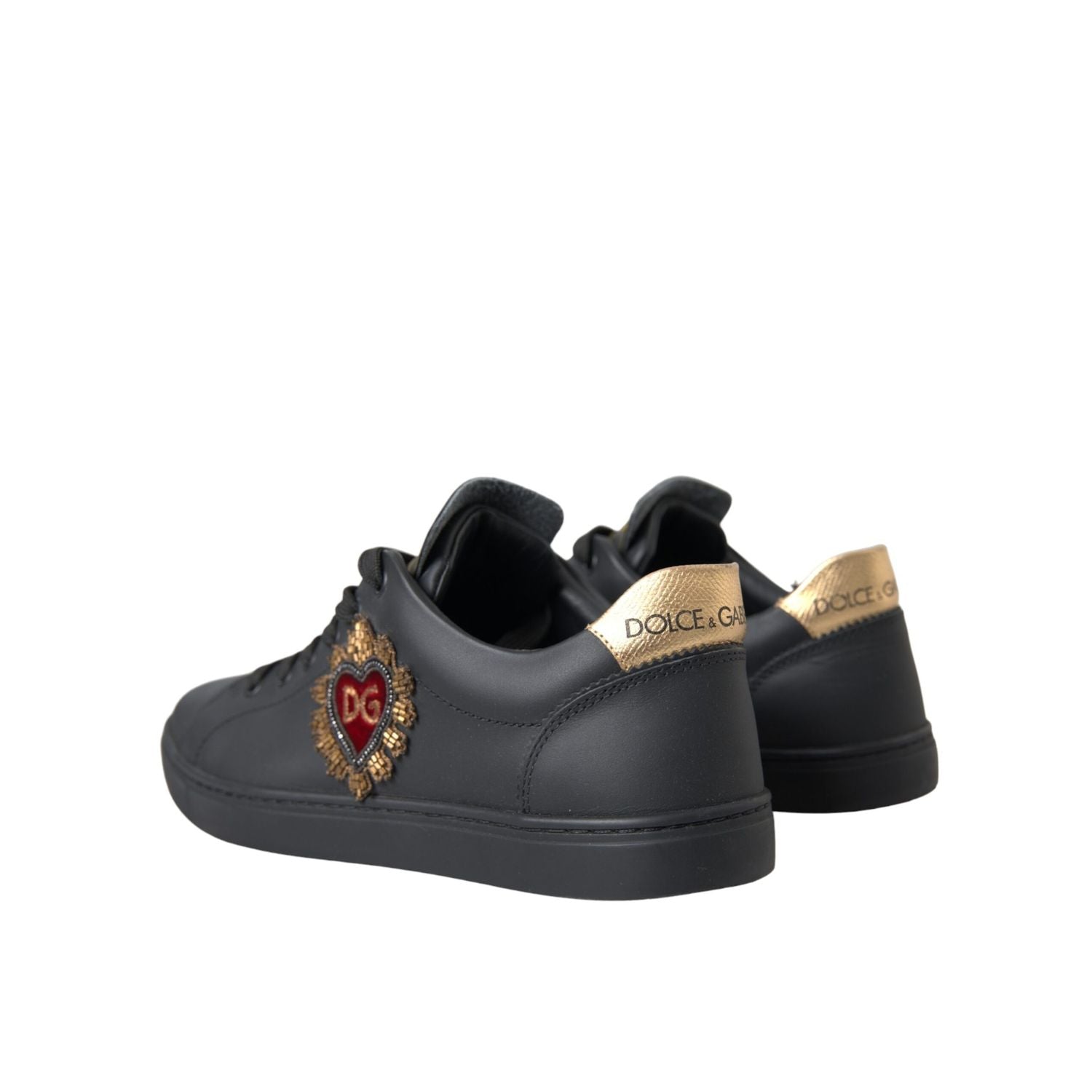 Dolce & Gabbana Black Leather Heart Embellished Sneakers Shoes