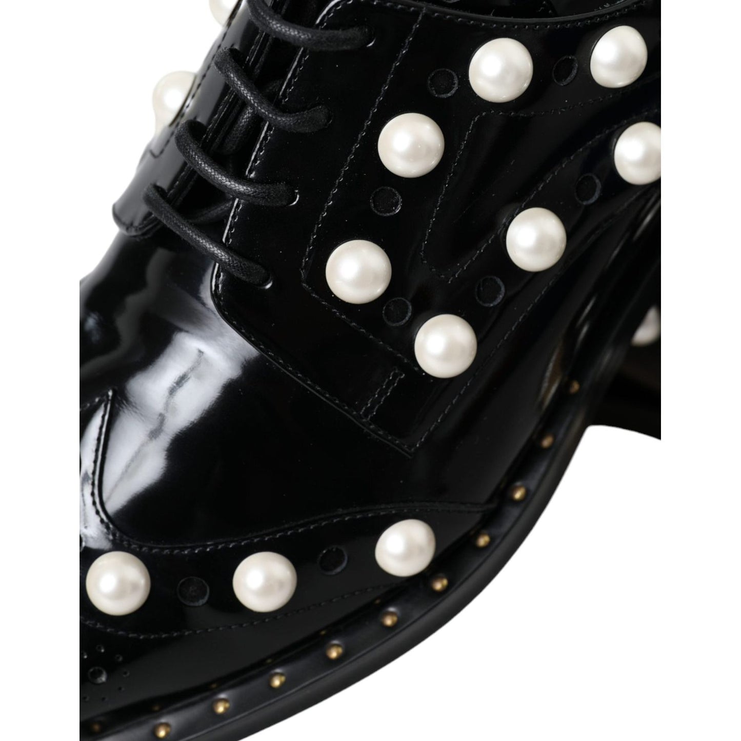 Dolce & Gabbana Black Leather Faux Pearl Dress Broque Shoes LA11189-40