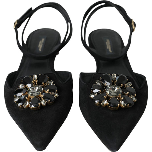 Dolce & Gabbana Black Leather Crystal Slingback Sandals Shoes LA11164-38