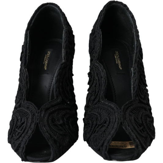 Dolce & Gabbana Black Cordonetto Ricamo Pump Open Toe Shoes LA11001-38
